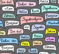 Hello, European languages, seamless pattern, contour drawing, color, gray, vector.