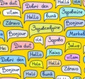 Hello, European languages, seamless pattern, contour drawing, color, yellow, vector