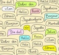 Hello, European languages, seamless pattern, contour drawing, light, color, vector