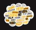 Word Hello in different languages. Hand lettering on cloud at black background. Languages school poster, hotel wall