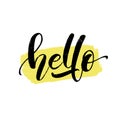 Word Hello for greetings. Script typography black color on brush stroke background. Hand drawn vvector design for ads