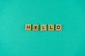 Word hello. The phrase is laid out in wooden letters. Top view. Motivation. Blue background. Copy space