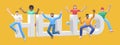 The word hello on a yellow background. Group of young multicultural happy people jump and dance together. Horizontal banner