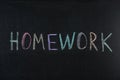 Word HOMEWORK written with chalk on blackboard