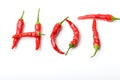 Word hot from red spicy chili peppers over white