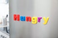 Word HUNGRY of magnetic letters on refrigerator door Royalty Free Stock Photo