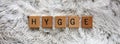 Word Hygge Spelled out with Wooden Letter Blocks on Soft Faux Fur Blanket