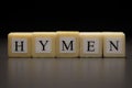 The word HYMEN written on wooden cubes, isolated on a black background Royalty Free Stock Photo