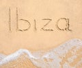 The word Ibiza written in the sand on beach Royalty Free Stock Photo