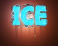 The word ice is frozen in a transparent piece of ice on a brown backlit background. 3D rendering