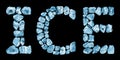 Word ICE made of blue crushed ice cubes on black background isolated close up, cold icy letters, iceberg pieces, frozen crystals