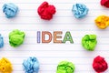 The word Idea written on a lined notebook sheet with some crumpled paper balls around it Royalty Free Stock Photo