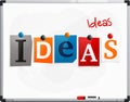 The word Ideas made from newspaper letters attached to a whiteboard or noticeboard with magnets. Marker pen. Vector.