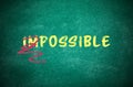 Word IMPOSSIBLE with crossed out letters IM written on green chalkboard. Motivation and positivity