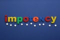 Word IMPOTENCY and pills on blue background  flat lay Royalty Free Stock Photo