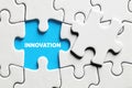 The word innovation written under a missing puzzle piece. Innovation and creativity Royalty Free Stock Photo