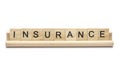 Word ``insurance`` on scrabble wooden letters on a rack, isolate