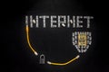 Word `Internet`, shield made of connectors RJ45 and padlock. Yellow patch cords composition isolated over the black scratched boa Royalty Free Stock Photo