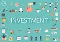 The word INVESTMENT surrounding by concerning flat icons