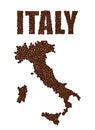 Word ITALY and Map of Italy created from coffee beans isolated Royalty Free Stock Photo