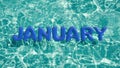 Word `JANUARY` shaped inflatable swim ring floating in a refreshing blue swimming pool