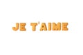 The word JE T`AIME or I LOVE YOU in French spelled with alphabet shaped biscuits on white background Royalty Free Stock Photo