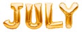 Word JULY made of golden inflatable balloons isolated on white. Helium gold foil balloons forming summer month july word. Months