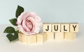 The word July on wooden cubes. Concept Month