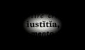 Word justice highlighted, black and white, Latin.