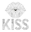 Word KISS with lips silhouette for coloring. Vector decorative zentangle object