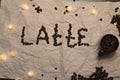 A word `Latte` is laid out by coffee grains Royalty Free Stock Photo