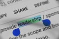 Word `leadership` selected and highlighted digitally on mobile display screen