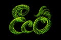 The word lettering Eco made by fresh green bio circles of confetti particles isolated on black background