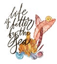 Word-life is better by the sea. Compositions Seaweed sea life and corals object on white background. Watercolor