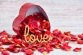 The word `Love` on a background of red rose petals falling out of a heart-shaped box Royalty Free Stock Photo