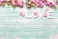 Word love and border from pink almond flowers on turquoise wood