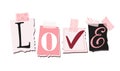 Word Love, collage of newspaper or magazine letters taped on colored tape, cute vector illustration isolated on white
