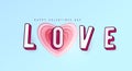 Word Love with 3d effect letters. Heart paper cut multi red pink color layers