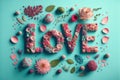 The word love decorated with pastel flowers and leavwes. Soft pastel blue background. Generative AI