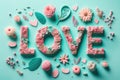 The word love decorated with pastel flowers and leavwes. Soft pastel blue background. Generative AI