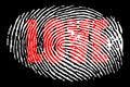 The word LOVE in a fingerprint on a black background