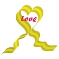 The word love in a gold striped ribbon folded in the form of a heart