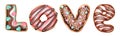Word Love from hand drawn watercolor cookies and donuts decorated with chocolate glaze and sweet confetti on white background