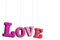 The word Love hanging on a rope on a white background