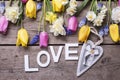 Word love, heart and bright spring tulips, narcissus, muscarie Royalty Free Stock Photo