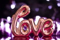 Word Love with Heart shaped neon lights background