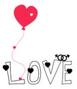 The word is love with hearts, a red balloon and gender signs - man and woman. Black line and silhouette, vector. Decorative design Royalty Free Stock Photo