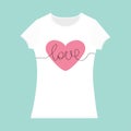 Word Love lettering. Pink heart. T-shirt template. White color. Woman model. T shirt mockup. Front side. Flat design. Isolated. Bl Royalty Free Stock Photo