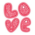 Word LOVE is made of red pattern of openwork lace Royalty Free Stock Photo