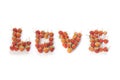 Word ` LOVE` made from strawberries on white background for design. Card and t-shirt design Royalty Free Stock Photo